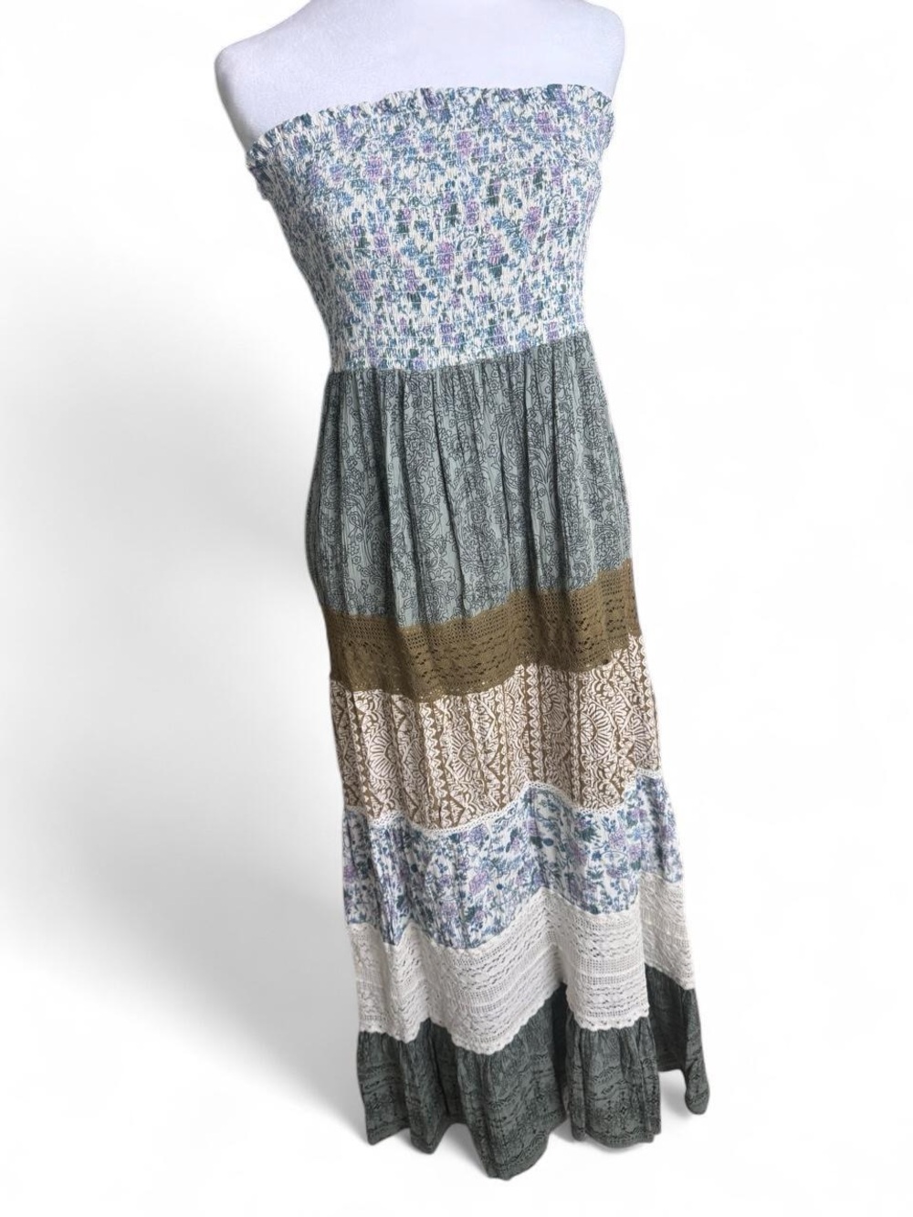 Angie Strapless Tiered Maxi Dress in Olive, Cream & Tan with Floral